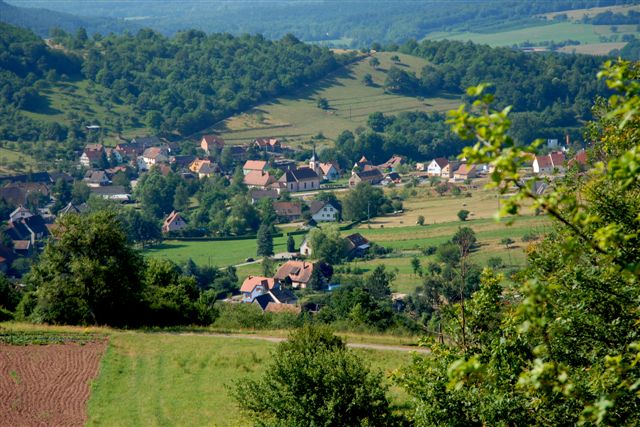 Les villages de Thanvillé et St-Pierre-Bois. Les deux gîtes sont sur la photo, en bordure de village.
